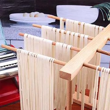 AJIADA Pasta Drying Rack Collapsible Noodle Stand & Rolling Pin Baking, Natural Beech Wood with 8 Bar Handles Spaghetti Hanging Dryer Rack for Home Use Storage Pasta, Spaghetti, Noodle