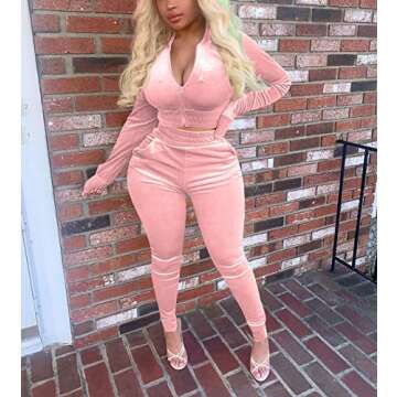 Women's 2 Piece Velvet Tracksuit Set Solid Color Full Zip Up Jacket Velour Jogger Pants Set Workout Set Jumpsuit Pink M
