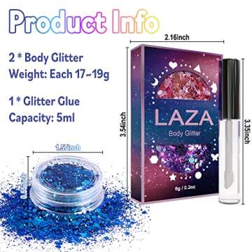 Laza Body Glitter, 2 Jars Iridescent Chunky Sequins with Glitter Glue Perfect for Women Eyeshadow Makeup Face Paint Festival Rave Outfits Hair Accessories Carnival Party Costumes - Yellow Green Blue