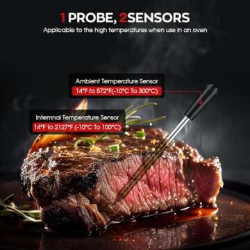 BSRCO Wireless Meat Thermometer, Digital Food Thermometer for Cooking and Grilling, 360 ft Bluetooth Smart Meat Thermometer, for Oven Safe, Kitchen, Smoker, Sous Vide, iOS & Android App Compatible