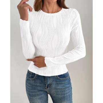 PRETTYGARDEN Women's Tops 2025 Spring Long Sleeve Blouses Women's Fashionable Crewneck Shirts