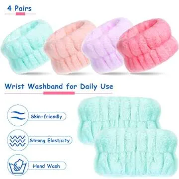Chuangdi 4 Pairs Wrist Bands for Washing Face Wrist Spa Microfiber Wash Towel Band Scrunchies Absorbent Wristbands Sweatband for Women Prevent Liquid from Spilling(Cute Colors)