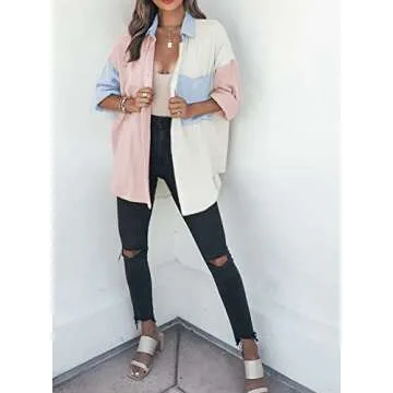 Dokotoo Womens Fashion 2025 Spring Shirts for Women Color Block V Neck Collared Button Down Roll Up Long Sleeve Cozy Basic Casual Fashion Oversized Ladies Outerwear Tops Blouses Pink S