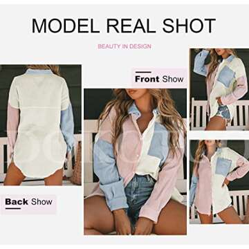 Dokotoo Womens Fashion 2025 Spring Shirts for Women Color Block V Neck Collared Button Down Roll Up Long Sleeve Cozy Basic Casual Fashion Oversized Ladies Outerwear Tops Blouses Pink S