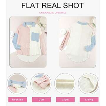 Dokotoo Womens Fashion 2025 Spring Shirts for Women Color Block V Neck Collared Button Down Roll Up Long Sleeve Cozy Basic Casual Fashion Oversized Ladies Outerwear Tops Blouses Pink S