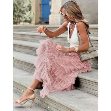 Flygo Women's Long Maxi Tulle Skirts A Line Ruffle High Waisted Tiered Layered Mesh Tutu Skirt Petticoat(Pink-XL)