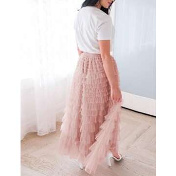 Flygo Women's Long Maxi Tulle Skirts A Line Ruffle High Waisted Tiered Layered Mesh Tutu Skirt Petticoat(Pink-XL)