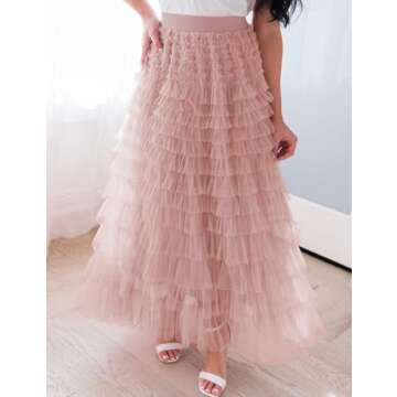 Flygo Women's Long Maxi Tulle Skirts A Line Ruffle High Waisted Tiered Layered Mesh Tutu Skirt Petticoat(Pink-XL)