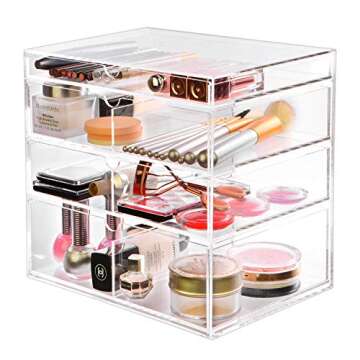 Ikee Design Acrylic Cosmetics Lipsticks Makeup Organizer Holder Box with 4 Removable Drawers, 10"W x 7"D x 9 1/4"H. MADE IN TAIWAN