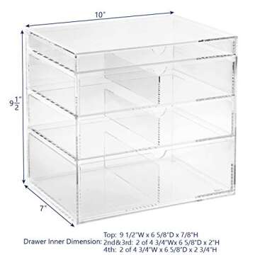Ikee Design Acrylic Cosmetics Lipsticks Makeup Organizer Holder Box with 4 Removable Drawers, 10"W x 7"D x 9 1/4"H. MADE IN TAIWAN