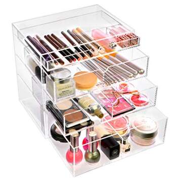 Ikee Design Acrylic Cosmetics Lipsticks Makeup Organizer Holder Box with 4 Removable Drawers, 10"W x 7"D x 9 1/4"H. MADE IN TAIWAN