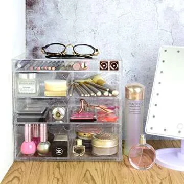 Ikee Design Acrylic Cosmetics Lipsticks Makeup Organizer Holder Box with 4 Removable Drawers, 10"W x 7"D x 9 1/4"H. MADE IN TAIWAN