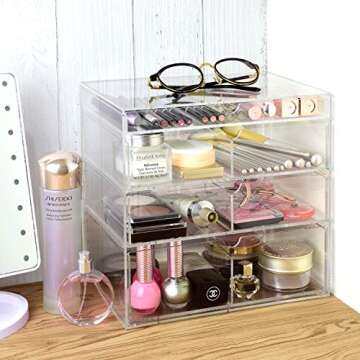 Ikee Design Acrylic Cosmetics Lipsticks Makeup Organizer Holder Box with 4 Removable Drawers, 10"W x 7"D x 9 1/4"H. MADE IN TAIWAN