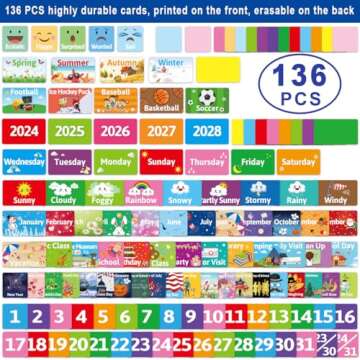 Interactive Calendar and Weather Pocket Chart for Kids with 136 Educational Cards