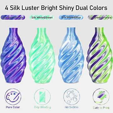 MIKA3D Dual Color Silk PLA 1.75mm 3D Printer Filament Bundle, 4 Spools Pack 2 Color in 1 PLA, Silk Blue Purple, Silk White Green, Silk White Blue, Silk Green Purple, 3D Printing PLA 250g X 4 Spools