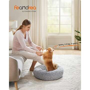 Feandrea Dog Bed, Cat Bed, Soft Plush Surface, Donut-Shaped Dog Sofa with Removable Inner Cushion, Washable, 23 Inches Dia., Gray UPGW038G01