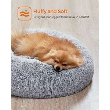 Feandrea Dog Bed, Cat Bed, Soft Plush Surface, Donut-Shaped Dog Sofa with Removable Inner Cushion, Washable, 23 Inches Dia., Gray UPGW038G01