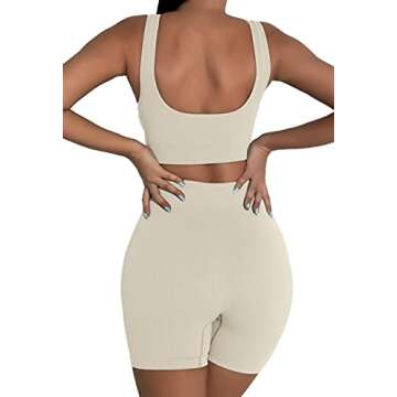 fatty tiger Beige Workout Outfits for Women 2 Piece Seamless Ribbed Crop Tank High Waist Gym Shorts L