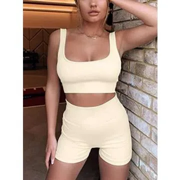 fatty tiger Beige Workout Outfits for Women 2 Piece Seamless Ribbed Crop Tank High Waist Gym Shorts L