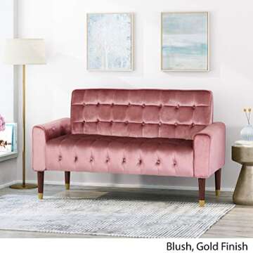 Christopher Knight Home Aubrie Tufted Velvet Loveseat Tipped Tapered Legs, Blush and Gold Finish
