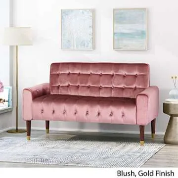 Christopher Knight Home Aubrie Tufted Velvet Loveseat Tipped Tapered Legs, Blush and Gold Finish