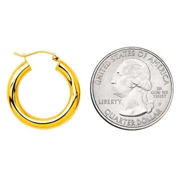 14K Yellow Gold Thick Tube Small Hoop Earrings w/Click-Down Clasp, (4mm Tube) (25mm - 1 Inch)