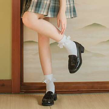 BIVOLU Womens Crew Socks Lace Ruffle Turn-Cuff Frilly Cotton Cute Princess Dress Socks White Black A...