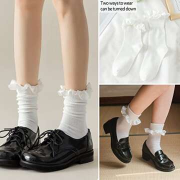 BIVOLU Womens Crew Socks Lace Ruffle Turn-Cuff Frilly Cotton Cute Princess Dress Socks White Black Ankle Socks for Women Girls 6 Pack Size 5-9