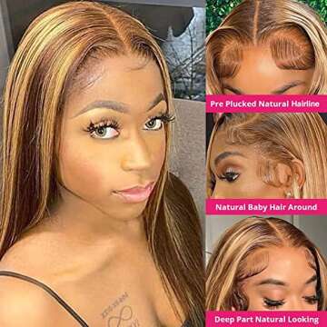 YMSGIRL 4/27 Highlight Ombre Lace Front Wig Human Hair 4x4 Lace Closure Wigs Brazilian Straight Brown Honey Blonde Color Hair Pre Plucked (22inch)