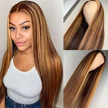 YMSGIRL 4/27 Highlight Ombre Lace Front Wig Human Hair 4x4 Lace Closure Wigs Brazilian Straight Brown Honey Blonde Color Hair Pre Plucked (22inch)