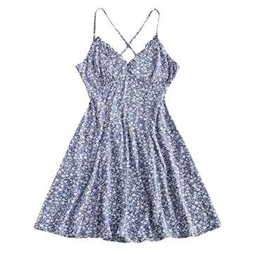ZAFUL Women's Ditsy Floral Cami Mini Dress V-Neck Cross Back Ruched Frilled A-Line Dress Swing Skater Beach Dress Blue
