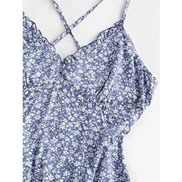ZAFUL Women's Ditsy Floral Cami Mini Dress V-Neck Cross Back Ruched Frilled A-Line Dress Swing Skater Beach Dress Blue
