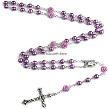 Nazareth Store Catholic Purple Pearl Beads Rosary Necklace - Handmade Spiritual Jewelry
