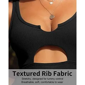 Charmo Ribbed Cutout One Piece Bathing Suit for Womens High Cut Padded Monokini Slimming Swimsuit Black L