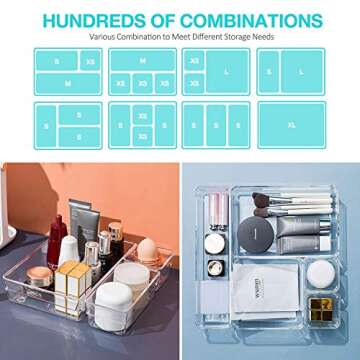 16pcs Desk Drawer Organizer Plastic Makeup Dividers- 5 Size Bathroom Vanity Cosmetic Trays with Non-Slip Silicone-Multipurpose Clear Storage Bins for Kitchen Utensil,Jewelries and Office Accessories (16)
