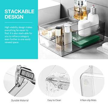 16pcs Desk Drawer Organizer Plastic Makeup Dividers- 5 Size Bathroom Vanity Cosmetic Trays with Non-Slip Silicone-Multipurpose Clear Storage Bins for Kitchen Utensil,Jewelries and Office Accessories (16)
