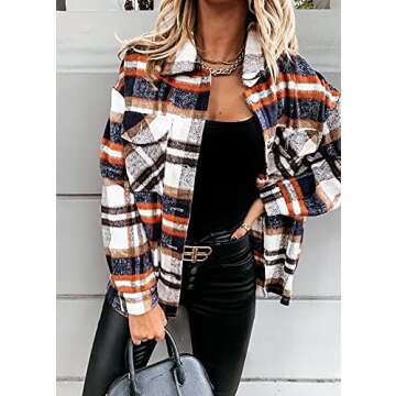 Plaid Flannel Jacket Women Oversized Fall Shirts Button Down Open Neck Plaid Long Sleeve Shacket Blue Large