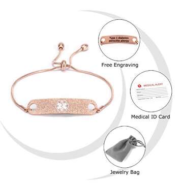 BAIYI HOPE Personalized Rose Gold Medical Alert ID Bracelets for Women Custom Adjustable Chain Emergency Health Awareness Bracelet 5-8.8 inch