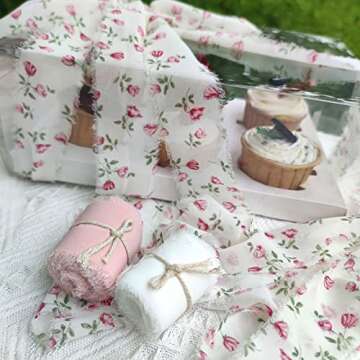 Mybbshower Mybbshower Floral Chiffon Fringe Ribbon 1.5" x 15Yd (3 Rolls *5Yd) for Wedding Invitations, Bridal Bouquets, DIY Tassel Garland Decorations, Gifts Wrapping & Bow Making (Pink White)