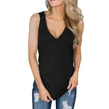 Chuanqi Womens Tank Tops V Neck Loose Fit Sleeveless Casual Summer Long Tunic Shirts Black