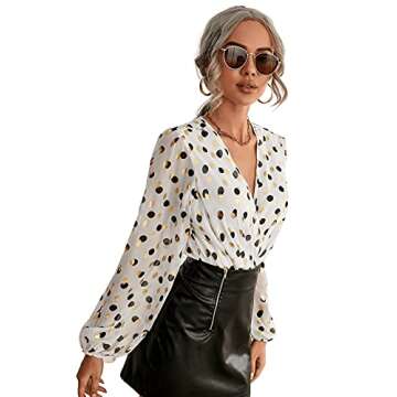 SOLY HUX Women's V Neck Surplice Front Lantern Long Sleeve Bodysuit White Polka Dots M