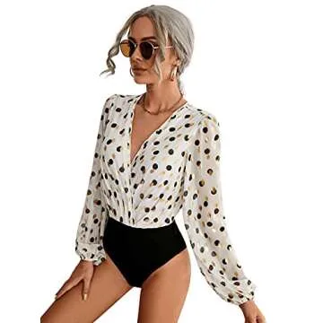 SOLY HUX Women's V Neck Surplice Front Lantern Long Sleeve Bodysuit White Polka Dots M