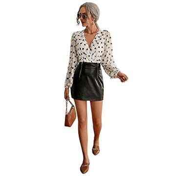 SOLY HUX Women's V Neck Surplice Front Lantern Long Sleeve Bodysuit White Polka Dots M