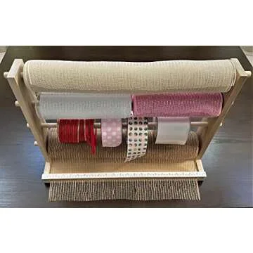 Quadruple Row Decorative Mesh Roller/Ribbon/Vinyl/Embroidery Etc. Holder. Deluxe Wreath Maker/Florist/Crafter Tool. Each of 4 Rows Fits One 21” Roll/Two 10” Rolls/Plenty Smaller Spools.