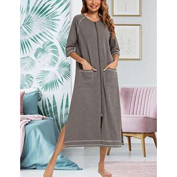 Veseacky Womens Soft Robes Short Bath Robes Zip Front Sleepwear 3/4 Sleeve Bathing Gown (Grey,S)