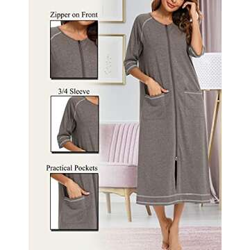 Veseacky Womens Soft Robes Short Bath Robes Zip Front Sleepwear 3/4 Sleeve Bathing Gown (Grey,S)