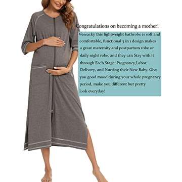 Veseacky Womens Soft Robes Short Bath Robes Zip Front Sleepwear 3/4 Sleeve Bathing Gown (Grey,S)
