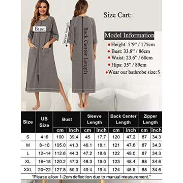 Veseacky Womens Soft Robes Short Bath Robes Zip Front Sleepwear 3/4 Sleeve Bathing Gown (Grey,S)