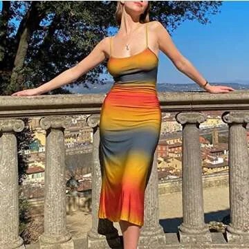 Miqil Women's Sexy Bodycon Maxi Dress Tie Dye Print Sleeveless Crewneck Slim Fit Full Length Tank Dress Evening Party Dress