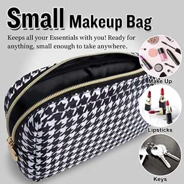 Nylon Small Makeup Bag for Purse, Cute Makeup Pouch Bag Preppy Cosmetic Zipper Pouch Purse, Portable Travel Toiletry Bag Clutch Makeup Brush Bag Organizer Storage for Ladies Girls(Black Houndstooth)